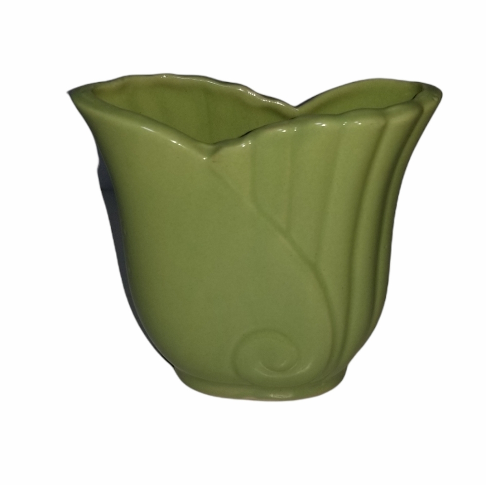 Vintage green art deco ceramic tulip vase rib pattern